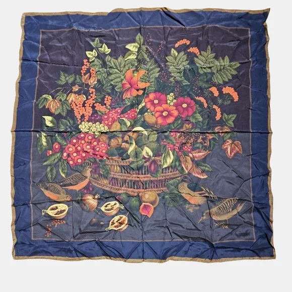 Vintage Valentino Silk Floral Fruit Bird Square Scarf 33" x 33" Botanical Luxury - Picture 1 of 8